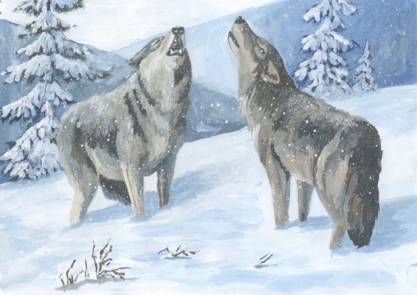 Зимний пейзаж гуашью с животными