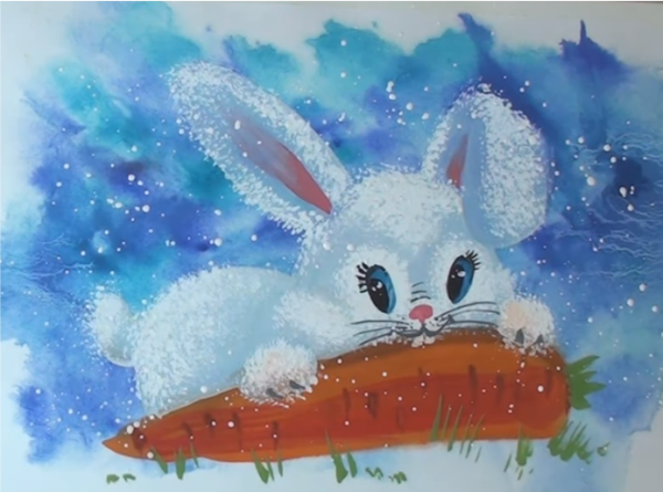 Зайчик зимой гуашью