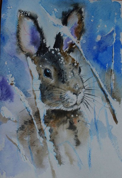 Заяц зимой живопись