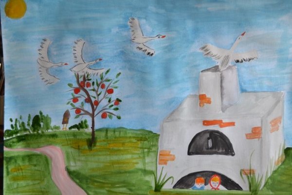 Детские рисунки к сказке гуси лебеди