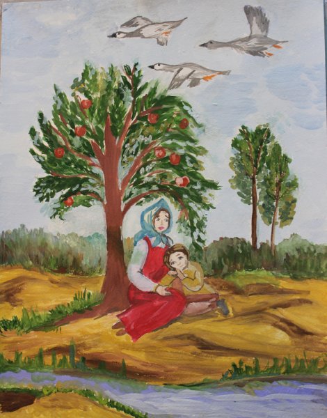 Гуси лебеди гуашью