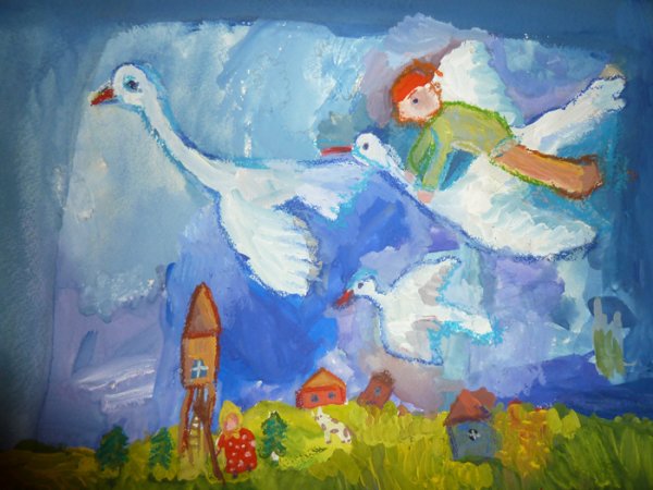 Гуси лебеди рисунок гуашью