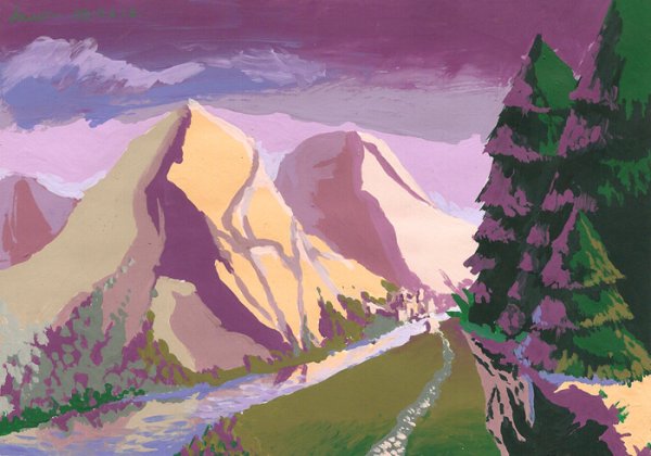 Пейзаж горы гуашью