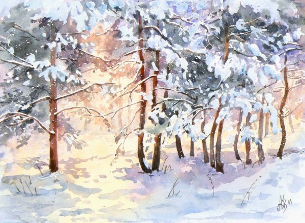 Акварель зимний пейзаж Борис Козьяков