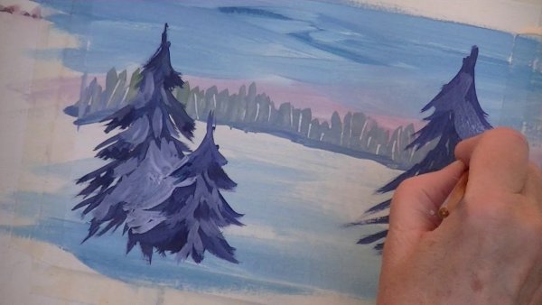 Зимний лес рисунок гуашью