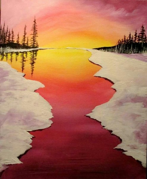 Закат зимой гуашью