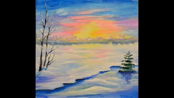 Зимний пейзаж гуашью