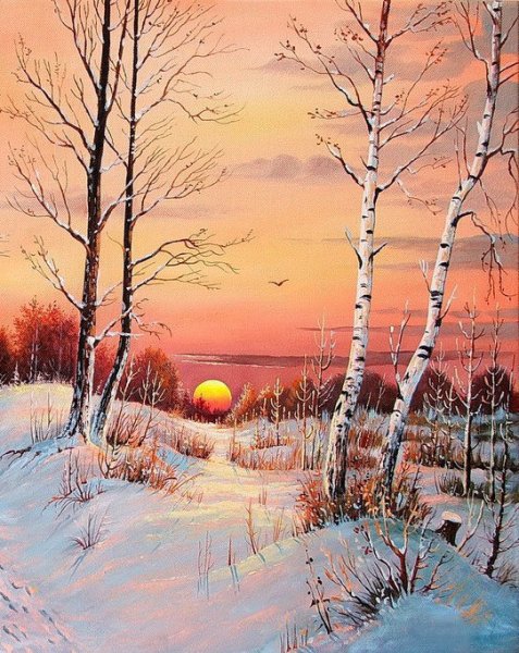 Зимний рассвет гуашью