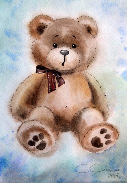 Плюшевый мишка акварелью