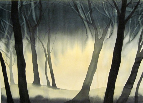 Мрачный лес гуашью