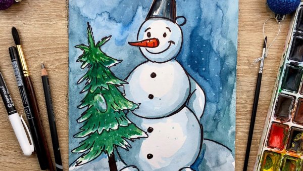 Рисование снеговика красками