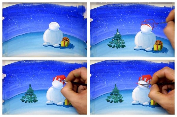 Рисуем снеговика поэтапно гуашью