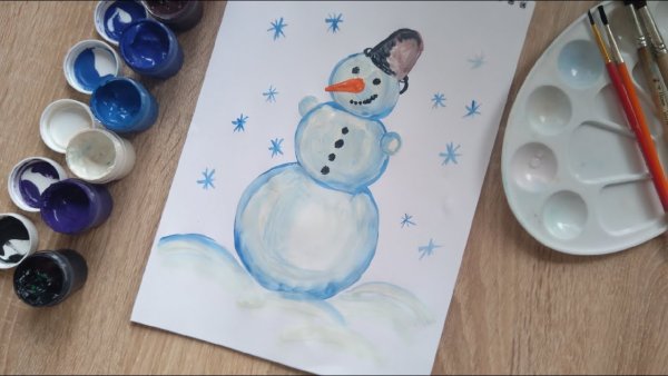 Урок рисования Снеговик гуашью