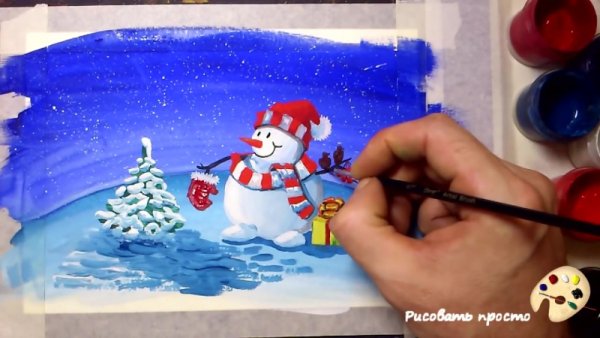 Снеговик гуашью поэтапно