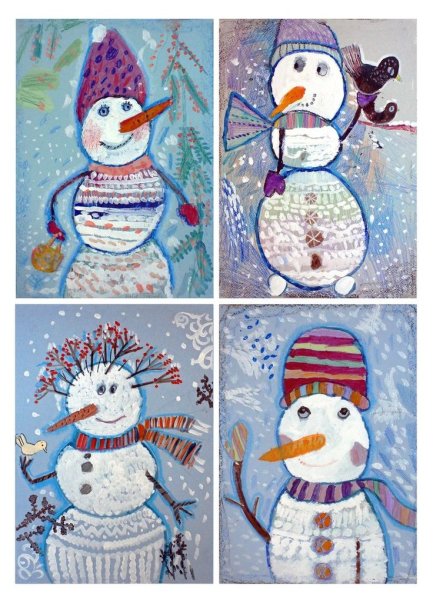 Снеговик гуашью для детей