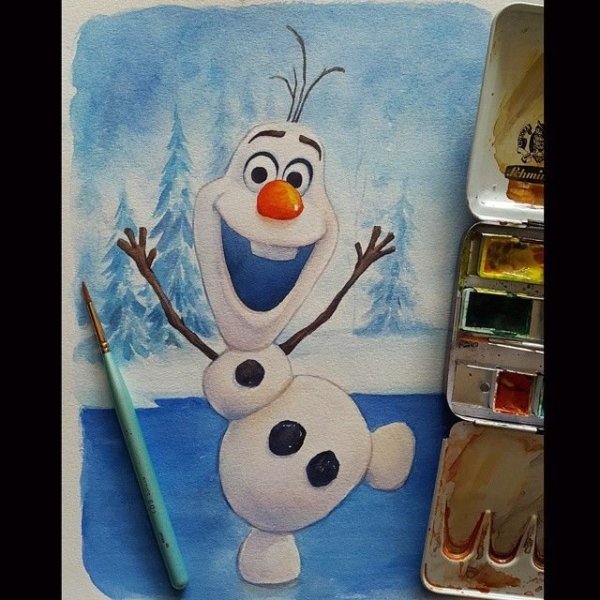 Олаф Снеговик рисование красками