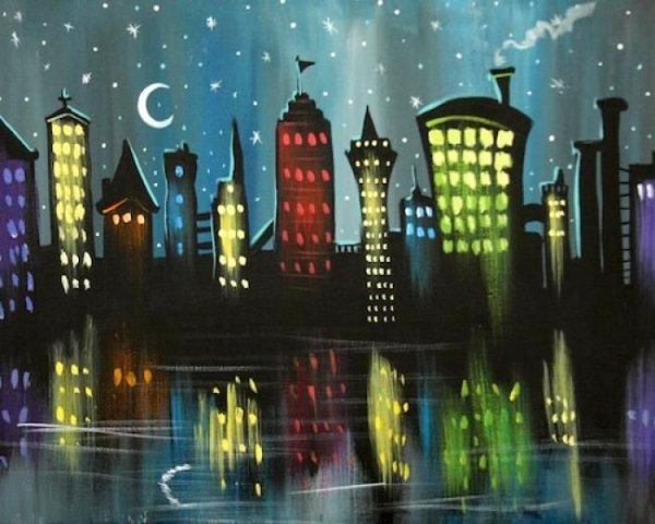 Ночной город для детей рисование