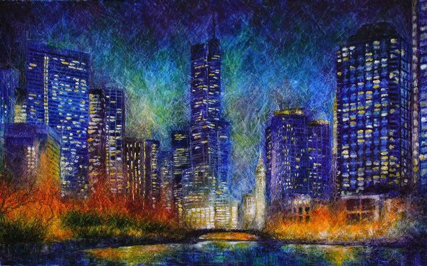 Ночной город гуашью