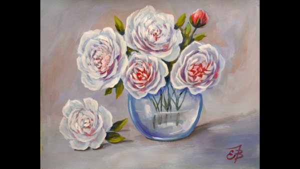 Рисуем гуашью пионы в вазе