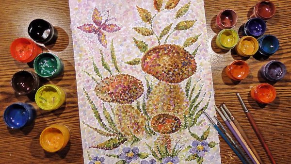 Грибы техника пуантилизм