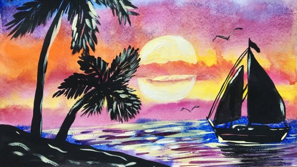 Рисование морского пейзажа гуашью