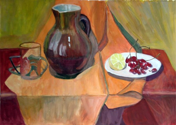 Натюрморт с крынкой гуашью