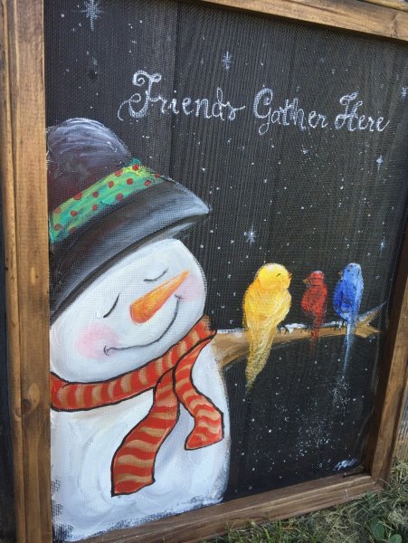 Снеговик красками на окне