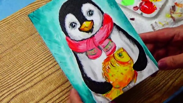 Пингвин красками с детьми