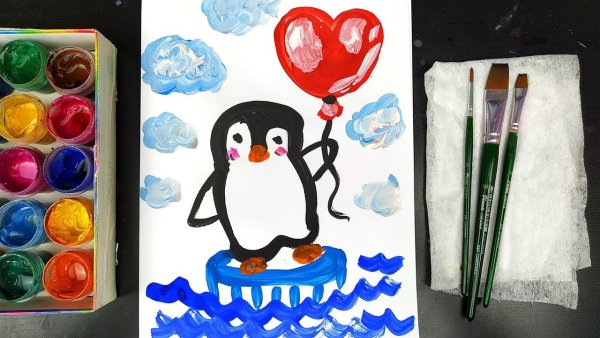 Рисование пингвина гуашью