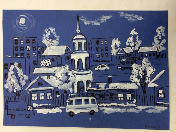 Зима в городе гуашь