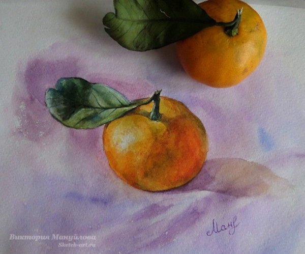 Этюд апельсина акварелью