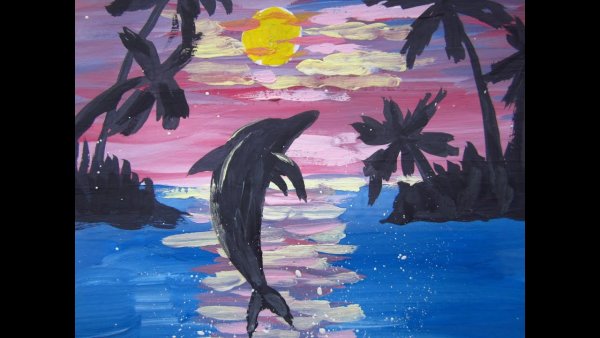Рисуем море с дельфинами гуашью с детьми поэтапно