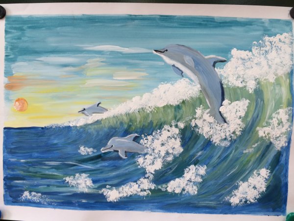 Рисование дельфинов гуашью