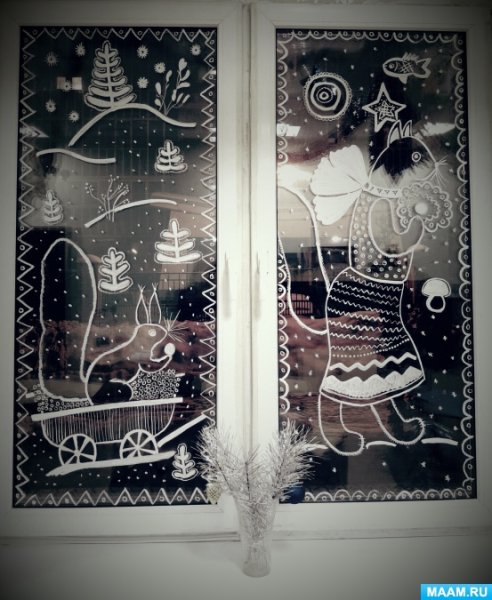 Снеговик на окне гуашью