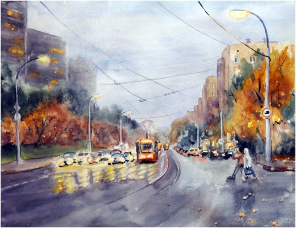 Осенний город акварель