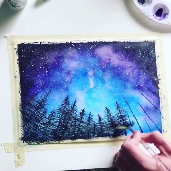 Рисование космоса акварелью