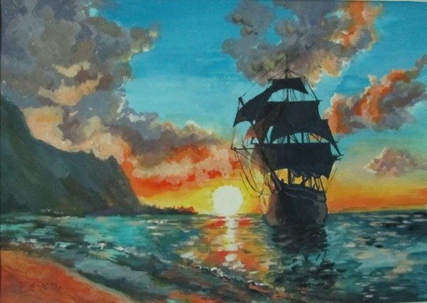 Корабль на закате гуашь