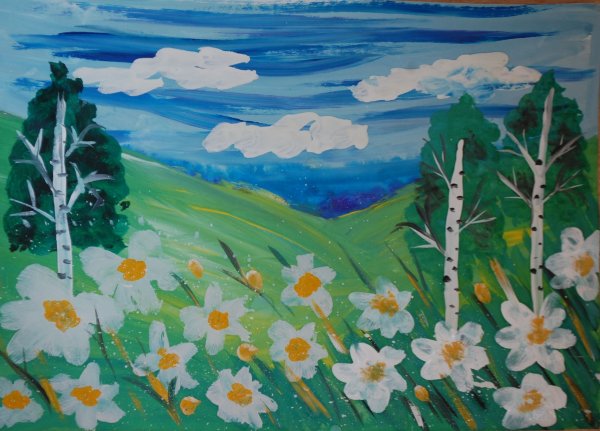 Весенний пейзаж гуашью для детей