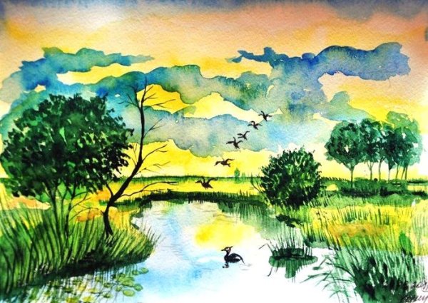 Летний пейзаж гуашью для детей