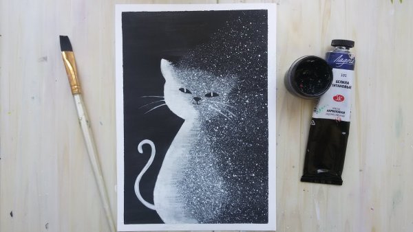 Рисование котенка зубной щеткой и красками