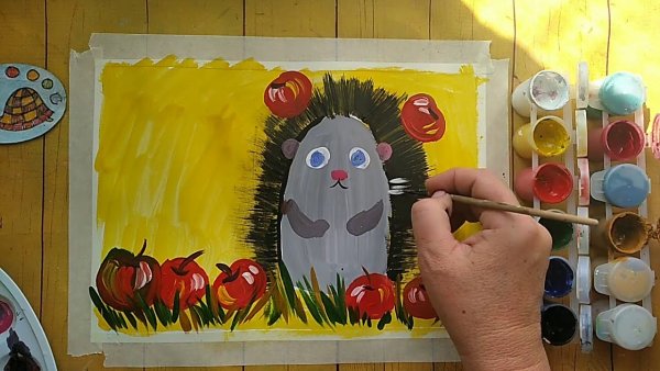 Рисование Ежик зубной щеткой в средней