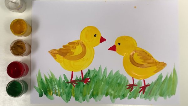 Курочка с цыплятами гуашью