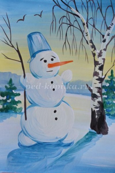 Рисование гуашью Снеговик