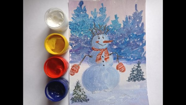 Снеговик рисунок гуашью