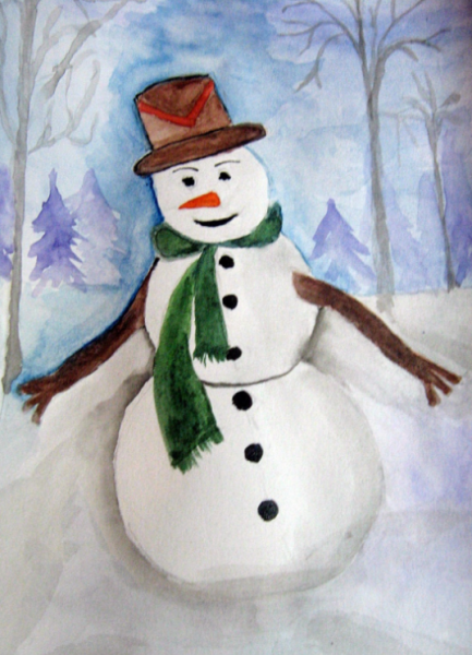 Снеговик красками для детей