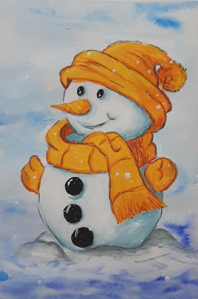 Снеговик красками для детей