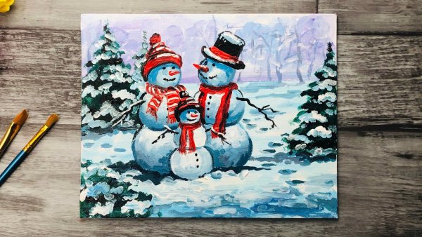 Рисование зимний пейзаж Снеговик