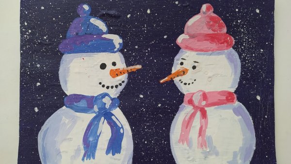 Снеговик гуашью для детей поэтапно