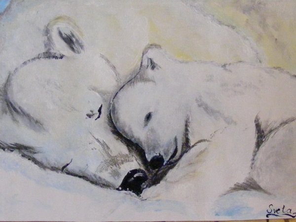 Нарисовать белую медведицу с медвежонком