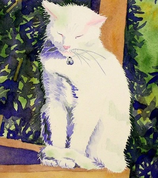 Белая кошка акварелью